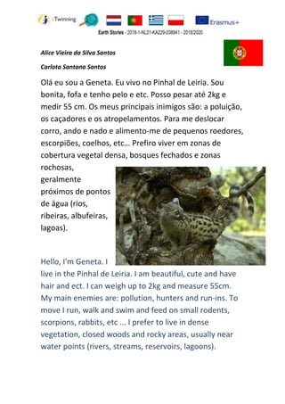 Alice Vieira da Silva Santos
Carlota Santana Santos
Olá eu sou a Geneta. Eu vivo no Pinhal de Leiria. Sou
bonita, fofa e t...