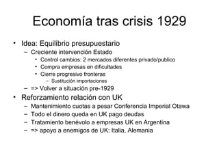 Economía tras crisis 1929
• Idea: Equilibrio presupuestario
– Creciente intervención Estado
• Control cambios: 2 mercados diferentes privado/publico
• Compra empresas en dificultades
• Cierre progresivo fronteras
– Sustitución importaciones
– => Volver a situación pre-1929
• Reforzamiento relación con UK
– Mantenimiento cuotas a pesar Conferencia Imperial Otawa
– Todo el dinero queda en UK pago deudas
– Tratamiento benévolo a empresas UK en Argentina
– => apoyo a enemigos de UK: Italia, Alemania
 