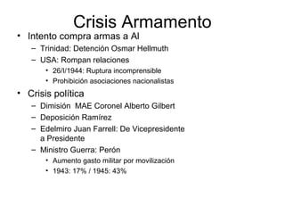 Crisis Armamento
• Intento compra armas a Al
– Trinidad: Detención Osmar Hellmuth
– USA: Rompan relaciones
• 26/I/1944: Ruptura incomprensible
• Prohibición asociaciones nacionalistas
• Crisis política
– Dimisión MAE Coronel Alberto Gilbert
– Deposición Ramírez
– Edelmiro Juan Farrell: De Vicepresidente
a Presidente
– Ministro Guerra: Perón
• Aumento gasto militar por movilización
• 1943: 17% / 1945: 43%
 