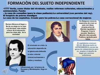 En Belgrano crecia la
esperanza de crear un
país con ideas
propias,aires de
libertad, Igualdad y
Pregreso. Crea la
escuela Nautica y
Mineria ,Una escuela
Publica y gratuita para
todos
El capitalsimo crecía en
EE.UU. Mientras tanto en
LATINOAMERICA crecían las
ganas de independencia pero
no aceptan el desafio de
llegar por caminos
autòctonos
Incluir aquí
texto o
comentarios
adicionales
El virreinato en crisis .la
educación dependìa de
la iglesia,esta defendía
la educ colonial
clreical,rechazando a
indios y mestizos
Incluiaquí
texto o
comentarios
adicionales
FORMACIÒN DEL SUJETO INDEPENDIENTE
Mariano Moreno,al llegar a
Bs As se alojja en la casa
cura terrazas, este estaba
a favor de la educación
para los clase alta, de la
sociedad
Influenciado por la lectura de
Rouseau y Montesquieu, llega en
1800
•1777 Vertiz, como titular del virreinato, realizo reformas culturales, educacionales y
asistenciales. Fundo:
– la casa de comedias (para la clase pudiente)-La universidad (con permiso del rey).
El hospicio de pobres mendigos
La casa de los expósitos. Creado para los pobres-La casa correccional de mujeres.
 
