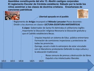 1813
Asamblea constituyente del año 13. Aboliò castigos corporales
El reglamento Escolar de Còrdoba establecía: Sàbado por la tarde los
niños asistirían a las clases de doctrina cristiana. Enseñanzas de
canciones patrióticas
1815
Reglamento de Artigas-Incorporò el Mètodo Lancaster-Pocos docentes-
Dividir a los alumnos en clases= LECTURA-ESCRITURA-MATEMÀTICAS
Libertad apoyada en el pueblo
1818
E.Lòpez Gobernador de Santa Fè-Admiraba el utilitarismo ingllès-
Importante la Educaciòn religiosa-Necesaria la Educaciòn gratuita y
que el Cabildo estableciera Becas.
1825
Urquiza impulsò un sistema de Educ. público entrerriano
Formaciòn de comisiones inspectoras y protectoras de
todas las provincias.
Quiroga, acusò a todo lo extranjero de estar vinculado
con el liberalismo protestante-Defendiò la vieja cultura y
la educación tradicional.
1829
Rosas censura de prensa y destrucción de libros
Expulsò a los intelectuales liberales
 