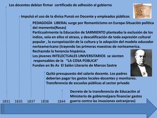 1831 1838
.
Los docentes debían firmar certificado de adhesión al gobierno
1835
Impulsò el uso de la divisa Punzò en Docente y empleados pùblicos
Quitò presupuesto del salario docente. Los padres
deberían pagar los gastos locales-docentes y monitores.
Transferencia de escuelas pùblicas al sector privado
1837
PEDAGOGÌA LIBERAL surge por Romanticismo en Europa-Situaciòn política
del momento(Rosas)
Particualrmente la Educaciòn de SARMIENTO planteaba la exclusión de los
indios, veìa en ellos el atraso, y descalificación de toda expresión cultural
popular , la europeización de la cultura y la adopción del modelo educador
norteamericano (trayendo las primeras maestras de norteamerica.
Rechazndo la herencia hispánica.
Los jóvenes INTELECTUALES UNIVERSITARIOS se sienten
responsables de la “LA COSA PÙBLICA”
Fundan en Bs As El Salòn Literario de Marcos Sastre
1844
Decreto de la transferencia de Educaciòn al
Ministerio de gobierno(para financiar gastos
guerra contra las invasiones extranjeras)
 