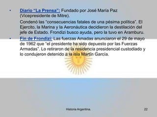 Constitución Nacional (1957):El 27 de Abril de 1956 se volvía, por decreto, a la Constitución anterior. Se convocó a una votación para constitucionales constituyentes.	El peronismo voto en blanco como repudio a un sistema que lo excluía. Pese a las trampas se volvió a consagrar fuerza mayoritaria. En segundo lugar salio la UCRP y luego la USRI, que impugnó la asamblea y se retiró. La UCRP alcanzó a afirmar la vigencia de la constitución de 1853, con las reformas mas el agregado del articulo 14 bis, que suplantaba los derechos del trabajador de la Constitución de 1949.Articulo 14 bis:El trabajo en sus diversas formas gozará de la protección de las leyes, las que asegurarán al trabajador: condiciones dignas y equitativas de labor; jornada limitada; descanso y vacaciones pagados; retribución justa; salario mínimo vital móvil; igual remuneración por igual tarea; participación en las ganancias de las empresas, con control de la producción y colaboración en la dirección; protección contra el despido arbitrario; estabilidad del empleado público; organización sindical libre y democrática, reconocida por la simple inscripción en un registro especial.14Historia Argentina.