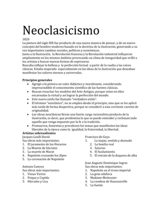 Neoclasicismo1820
La pintura del siglo XIX fue producto de una nueva manera de pensar, y de un nuevo
concepto del hombre moderno basado en la doctrina de la ilustración, generando a su
vez importantes cambios sociales, políticos y económicos.
Junto a la Ilustración, la Revolución francesa y la Revolución industrial influyeron
ampliamente en los mismos ámbitos provocando un clima de inseguridad que orilló a
los artistas a buscar nuevas formas de expresarse.
Buscaba reflejar la belleza y la perfección formal a partir de la vuelta a las raíces
clásicas. Estaba inspirado especialmente en las ideas de la ilustración que deseaban
manifestar los valores eternos y universales.
Principios generales
Agregó a la pintura un valor didáctico y moralizante, considerando
imprescindible el conocimiento científico de las fuentes clásicas.
Buscan resucitar los modelos del Arte Antiguo, porque veían en ellos
encarnadas la virtud y así lograr la perfección del mundo.
Este nuevo estilo fue llamado “verdadero estilo”.
El término “neoclásico”, no se empleo desde el principio, sino que se les aplicó
más tarde de forma despectiva, porque se consideró a esta corriente carente de
originalidad.
Las obras neoclásicas llevan una fuerte carga racionalista producto de la
ilustración, es decir, que predomina lo que se puede entender y rechazan todo
aquello que venga impuesto por la fe o la tradición.
Promueven, fomentan y prevalecen los temas que manifiesten las ideas
liberales de la época como la igualdad, la fraternidad, la libertad.
Artístas sobresalientes
Jacques Loulli David
Sus obras más importantes:
1. El juramento de los Horacios
2. La Muerte de Sócrates
3. La muerte de Marat
4. Napoleón cruzando los Alpes
5. La coronación de Napoleón
Antonio Canova
Sus obras más importantes:
1. Venus Victrix
2. Psique y Cupido
3. Hércules y Lica
Francisco de Goya
1. La majas, vestida y desnudo
2. La familia real
3. Saturno
4. El fusilamiento
5. El retrato de la duquesa de alba
Jean Auguste Dominique Ingres
Sus obras más importantes:
1. Napoleón en el trono imperial
2. La gran odalisca
3. Madame Moitessier
4. La condesa de Haussonville
5. La fuente
 