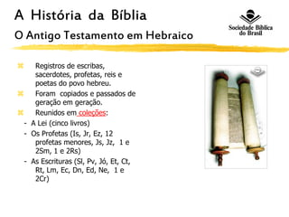 A História da Bíblia
O Antigo Testamento em Hebraico
 Registros de escribas,
sacerdotes, profetas, reis e
poetas do povo hebreu.
 Foram copiados e passados de
geração em geração.
 Reunidos em coleções:
- A Lei (cinco livros)
- Os Profetas (Is, Jr, Ez, 12
profetas menores, Js, Jz, 1 e
2Sm, 1 e 2Rs)
- As Escrituras (Sl, Pv, Jó, Et, Ct,
Rt, Lm, Ec, Dn, Ed, Ne, 1 e
2Cr)
 