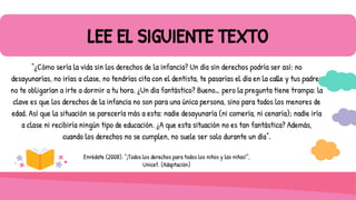 LEE EL SIGUIENTE TEXTO
“¿Cómo sería la vida sin los derechos de la infancia? Un día sin derechos podría ser así: no
desayunarías, no irías a clase, no tendrías cita con el dentista, te pasarías el día en la calle y tus padres
no te obligarían a irte a dormir a tu hora. ¿Un día fantástico? Bueno… pero la pregunta tiene trampa: la
clave es que los derechos de la infancia no son para una única persona, sino para todos los menores de
edad. Así que la situación se parecería más a esta: nadie desayunaría (ni comería, ni cenaría); nadie iría
a clase ni recibiría ningún tipo de educación. ¿A que esta situación no es tan fantástica? Además,
cuando los derechos no se cumplen, no suele ser solo durante un día”.
Enrédate (2008). “¡Todos los derechos para todos los niños y las niñas!”,
Unicef. (Adaptación)
 