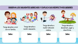 Debo:
OBSERVA LOS SIGUIENTES DERECHOS Y EXPLICA SUS RESPECTIVOS DEBERES
Tengo derecho a vivir
con mi familia.
Tengo derecho a
recibir educación.
Tengo derecho a
recibir atención
médica.
Tengo derecho a
descansar, jugar y
divertirme.
Debo: Debo: Debo:
 