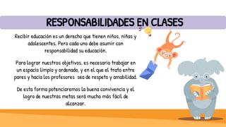 Recibir educación es un derecho que tienen niños, niñas y
adolescentes. Pero cada uno debe asumir con
responsabilidad su educación.
Para lograr nuestros objetivos, es necesario trabajar en
un espacio limpio y ordenado, y en el que el trato entre
pares y hacia los profesores sea de respeto y amabilidad.
De esta forma potenciaremos la buena convivencia y el
logro de nuestras metas será mucho más fácil de
alcanzar.
RESPONSABILIDADES EN CLASES
 