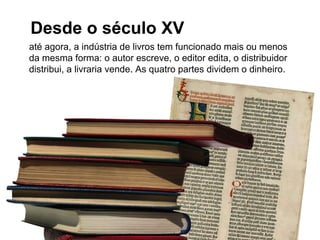até agora, a indústria de livros tem funcionado mais ou menos da mesma forma: o autor escreve, o editor edita, o distribuidor distribui, a livraria vende. As quatro partes dividem o dinheiro. Desde o século XV 