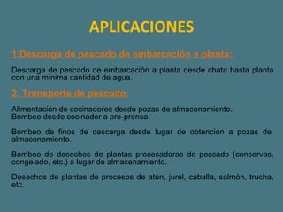 APLICACIONES 1.Descarga de pescado de embarcación a planta:  Descarga de pescado de embarcación a planta desde chata hasta planta con una mínima cantidad de agua.  2. Transporte de pescado: Alimentación de cocinadores desde pozas de almacenamiento.  Bombeo desde cocinador a pre-prensa.  Bombeo de finos de descarga desde lugar de obtención a pozas de  almacenamiento.  Bombeo de desechos de plantas procesadoras de pescado (conservas, congelado, etc.) a lugar de almacenamiento.  Desechos de plantas de procesos de atún, jurel, caballa, salmón, trucha, etc.  