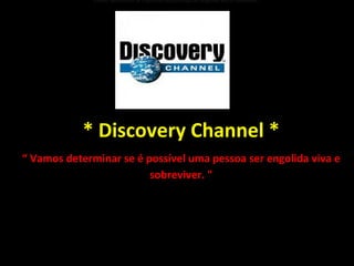 "Vamos determinar se é possível uma pessoa ser engolida viva e sobreviver."   * Discovery Channel * “  Vamos determinar se é possível uma pessoa ser engolida viva e sobreviver. " 