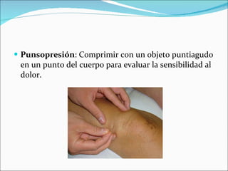 Punsopresión : Comprimir con un objeto puntiagudo en un punto del cuerpo para evaluar la sensibilidad al dolor. 