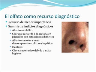 El olfato como recurso diagnóstico Recurso de menor importancia Suministra indicios diagnósticos Aliento alcohólico Olor que recuerda a la acetona en pacientes con cetoacidosis diabética Aliento con olor a masa descompuesta en el coma hepático Halitosis Olor característico debido a mala higiene 