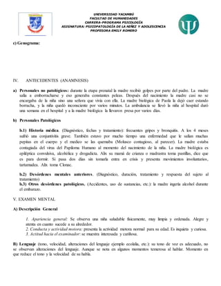 UNIVERSIDAD YACAMBÚ
FACULTAD DE HUMANIDADES
CARRERA-PROGRAMA PSICOLOGÍA
ASIGNATURA: PSICOPATOLOGÍA DE LA NIÑEZ Y ADOLESCENCIA
PROFESORA EMILY ROMERO
c) Genograma:
IV. ANTECEDENTES (ANAMNESIS)
a) Personales no patológicos: durante la etapa prenatal la madre recibió golpes por parte del padre. La madre
salía a emborracharse y eso generaba constantes peleas. Después del nacimiento la madre casi no se
encargaba de la niña sino una señora que vivía con ella. La madre biológica de Paola la dejó caer estando
borracha, y la niña quedó inconsciente por varios minutos. La ambulancia se llevó la niña al hospital duró
una semana en el hospital y a la madre biológica la llevaron presa por varios días.
b) Personales Patológicos
b.1) Historia médica. (Diagnóstico, fechas y tratamiento): frecuentes gripes y bronquitis. A los 4 meses
sufrió una conjuntivitis grave. También estuvo por mucho tiempo una enfermedad que le salían muchas
pepitas en el cuerpo y el medico se las quemaba (Molusco contagioso, al parecer). La madre estaba
contagiada del virus del Papiloma Humano al momento del nacimiento de la niña. La madre biológica es
epiléptica convulsiva, alcohólica y drogadicta. Alix su mamá de crianza o madrastra toma pastillas, dice que
es para dormir. Si pasa dos días sin tomarla entra en crisis y presenta movimientos involuntarios,
tartamudea. Alix toma Clonac.
b.2) Desórdenes mentales anteriores. (Diagnóstico, duración, tratamiento y respuesta del sujeto al
tratamiento)
b.3) Otros desórdenes patológicos. (Accidentes, uso de sustancias, etc.): la madre ingería alcohol durante
el embarazo.
V. EXAMEN MENTAL
A) Descripción General
1. Apariencia general: Se observa una niña saludable físicamente, muy limpia y ordenada. Alegre y
atenta en cuanto sucede a su alrededor.
2. Conducta y actividad motora: presenta la actividad motora normal para su edad. Es inquieta y curiosa.
3. Actitud hacia el examinador: se muestra interesada y cariñosa.
B) Lenguaje (tono, velocidad, alteraciones del lenguaje ejemplo ecolalia, etc.): su tono de voz es adecuado, no
se observan alteraciones del lenguaje. Aunque se nota en algunos momentos temerosa al hablar. Momento en
que reduce el tono y la velocidad de su habla.
 