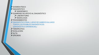 EXÁMEN FÍSICO
DIAGNÓSTICO
SINDRÓMICO
EXÁMENES DE APOYO AL DIAGNÓSTICO
LABORATORIO
RADIOLOGÍA
POCEDIMIENTOS
DIAGNÓSTICO FINAL LUEGO DE HABER EVALUADO
TODOS LOS POSIBLES DIAGNÓSTICOS
(DIAGNÓSTICO DIFERENCIAL)
TERAPEÚTICA
EVOLUCIÓN
ALTA
EPICRISIS
 
