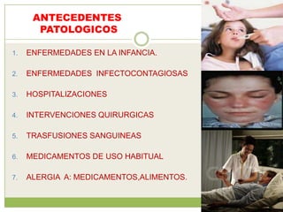 ANTECEDENTES
       PATOLOGICOS

1.   ENFERMEDADES EN LA INFANCIA.

2.   ENFERMEDADES INFECTOCONTAGIOSAS

3.   HOSPITALIZACIONES

4.   INTERVENCIONES QUIRURGICAS

5.   TRASFUSIONES SANGUINEAS

6.   MEDICAMENTOS DE USO HABITUAL

7.   ALERGIA A: MEDICAMENTOS,ALIMENTOS.
 