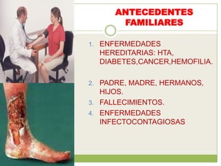 ANTECEDENTES
       FAMILIARES

1. ENFERMEDADES
  HEREDITARIAS: HTA,
  DIABETES,CANCER,HEMOFILIA.

2. PADRE, MADRE, HERMANOS,
   HIJOS.
3. FALLECIMIENTOS.
4. ENFERMEDADES
   INFECTOCONTAGIOSAS
 