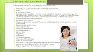 FORMATO DE ATENCIÓN INTEGRAL DEL ADULTO
FORMATO DE ATENCIÓN INTEGRAL DEL ADULTO MAYOR
 El Formato de la primera atención, contendrá como mínimo:
 Fecha
 N° de Historia Clínica
 Datos generales: apellidos y nombres, sexo, edad, DNI, fecha de nacimiento, lugar de
nacimiento, procedencia, grado de instrucción, estado civil, ocupación grupo sanguíneo
y factor Rh, nombre, edad , DNI y parentesco del familiar o cuidador responsable.
 Antecedentes personales y familiares
 Alergia a medicamentos
 Valoración geriátrica: valoración funcional, estado cognitivo, estado afectivo, estado
socio-familiar.
 Categorías del adulto mayor
 Motivo de consulta
 Tiempo de enfermedad
 Funciones biológicas
 Examen físico
 Diagnóstico
 Tratamiento
 Exámenes auxiliares
 Referencia si fuera el caso
 Fecha de próxima cita
 Firma, sello y colegiatura del profesional que presta la atención
 Hoja de lista de problemas y Plan de Atención Integral
 Hoja de seguimiento de factores de riesgo
 