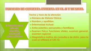 Fecha y hora de la atención
 Número de Historia Clínica
 Nombre y apellidos
 Enfermedad Actual:
 Antecedentes: personales y familiares
 Examen Físico: funciones vitales, examen general,
examen regional
 Diagnóstico motivo de consulta o de daño, para lo
cual se utilizará el CIE-10.
 