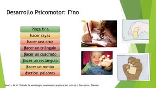 Desarrollo Psicomotor: Fino
Pinza fina
hacer rayas
hacer una cruz
ƒhacer un triángulo
ƒhacer un cuadrado
ƒhacer un rectángulo
ƒhacer un rombo
ƒescribe palabras
Swartz, M. H. Tratado de semiologia: anamnesis y exploracion (6th ed.). Barcelona: Elsevier
 