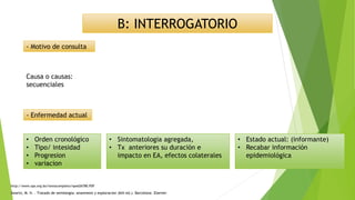 B: INTERROGATORIO
- Motivo de consulta
Causa o causas:
secuenciales
- Enfermedad actual
• Orden cronológico
• Tipo/ intesidad
• Progresion
• variacion
• Sintomatologia agregada,
• Tx anteriores su duración e
impacto en EA, efectos colaterales
• Estado actual: (informante)
• Recabar información
epidemiológica
Swartz, M. H. . Tratado de semiologia: anamnesis y exploracion (6th ed.). Barcelona: Elsevier
http://www.ops.org.bo/textocompleto/nped26780.PDF
 