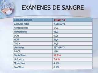 EXÁMENES DE SANGRE
Glóbulos Blancos 14.50 ^3
Glóbulos rojos 4,55x10^6
Hemoglobina 14,3
Hematocrito 41,3
VCM 90,8
HCM 31,4
CHCM 34,6
plaquetas 297x10^3
P-LCR 180
Neutrófilos 88.2%
Linfocitos 7,6 %
Monocitos 4,1%
Basófilos 0.1%
 