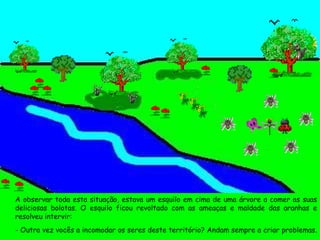 A observar toda esta situação, estava um esquilo em cima de uma árvore a comer as suas deliciosas bolotas. O esquilo ficou revoltado com as ameaças e maldade das aranhas e resolveu intervir: - Outra vez vocês a incomodar os seres deste território? Andam sempre a criar problemas.  