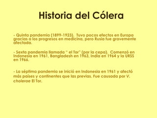 - Quinta pandemia (1899-1923). Tuvo pocos efectos en Europa gracias a los progresos en medicina, pero Rusia fue gravemente afectada. 
- Sexta pandemia llamada “ el Tor” (por la cepa). Comenzó en Indonesia en 1961, Bangladesh en 1963, India en 1964 y la URSS en 1966. 
Historia del Cólera 
- La séptima pandemia se inició en Indonesia en 1961 y afectó más países y continentes que las previas. Fue causada por V. cholerae El Tor.  