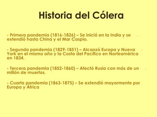 -- Primera pandemia (1816-1826) – Se inició en la India y se extendió hasta China y el Mar Caspio. 
-- Segunda pandemia (1829-1851) – Alcanzó Europa y Nueva York en el mismo año y la Costa del Pacífico en Norteamérica en 1834. 
-- Tercera pandemia (1852-1860) – Afectó Rusia con más de un millón de muertos. 
- Cuarta pandemia (1863-1875) – Se extendió mayormente por Europa y África 
Historia del Cólera 
 