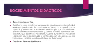  Conocimientos previos
 Cuál fue la base para la formación de los estados colombianos? ¿Qué
representaban las colonias americanas en torno a lo económica para
España? ¿Cuánto duro el estado Hacendista? ¿En que año se hizo la
primera constitución colombiana? ¿Cuál era la forma dominante del
estado? ¿Qué es el frente nacional? ¿Cuánto duro el frente nacional?
¿por quien estuvo conformado el frente nacional? ¿Cuáles son las tres
instituciones histórico-sociales del Estado de Colombia?
 Enseñanza: Información General
 