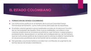  FORMACION DEL ESTADO COLOMBIANO
 Las instituciones políticas en el territorio de la actual Colombia fueron
formándose lentamente, como instituciones derivadas de las españolas.
 El estado colonial generó nuevas realidades sociales en América en función
de las necesidades de España. Estas nuevas realidades convirtieron a las
colonias americanas en enclaves económicos, que tomaron cuerpo propio y
posteriormente, desarrollaron un sentido de la independencia, de tal manera
que las instituciones políticas de la época de la colonia incidieron fuertemente
en los procesos posteriores de la formación de los estados americanos.
 Tres grandes coyunturas histórico-sociales han contribuido al surgimiento de
formas típicas de Estado Colombiano
 