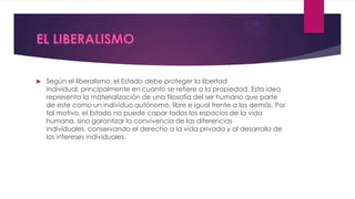  Según el liberalismo, el Estado debe proteger la libertad
individual, principalmente en cuanto se refiere a la propiedad. Esta idea
representa la materialización de una filosofía del ser humano que parte
de este como un individuo autónomo, libre e igual frente a los demás. Por
tal motivo, el Estado no puede capar todos los espacios de la vida
humana, sino garantizar la convivencia de las diferencias
individuales, conservando el derecho a la vida privada y al desarrollo de
los intereses individuales.
 