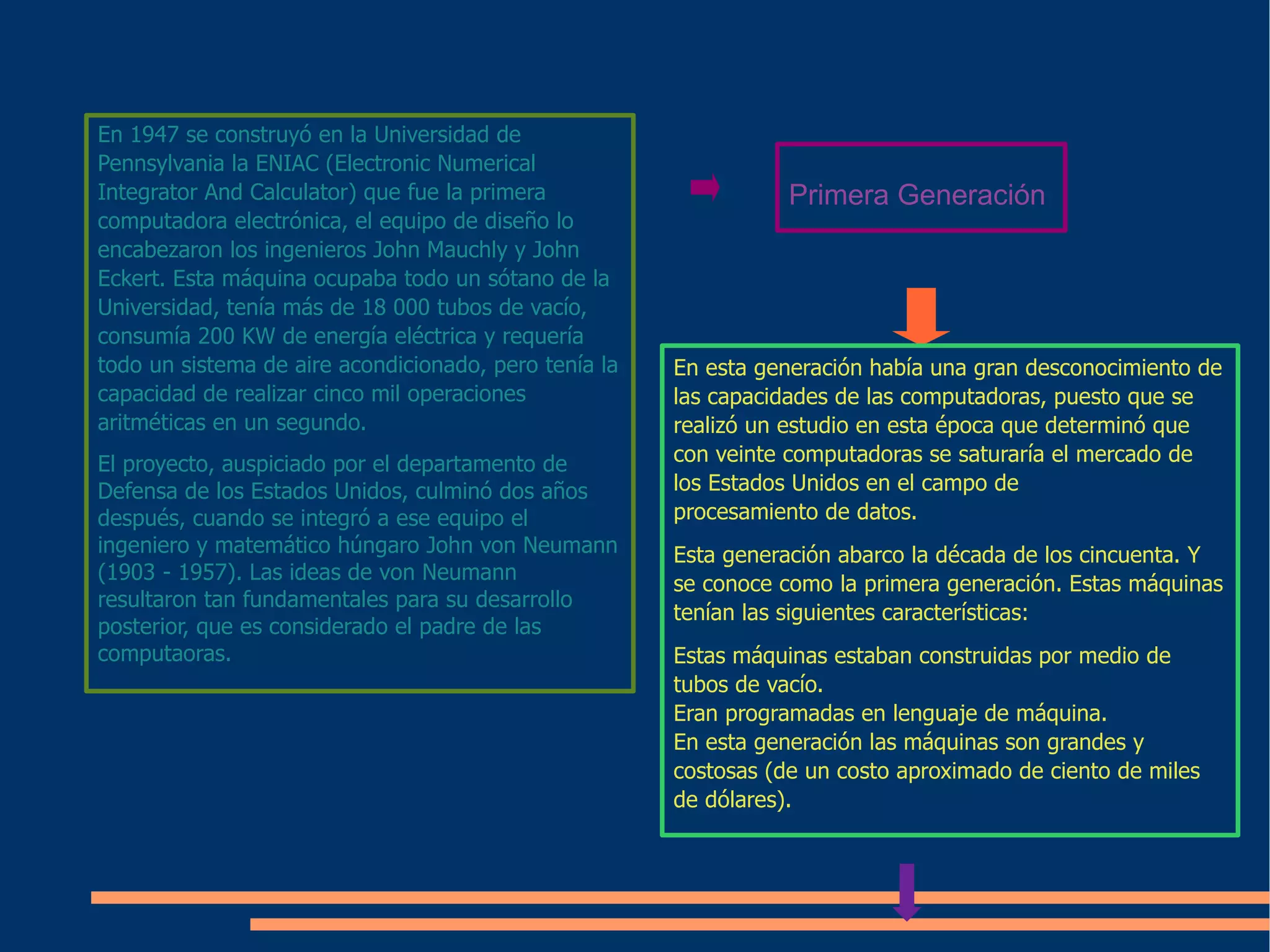 En 1947 se construyó en la  Universidad  de Pennsylvania la ENIAC (Electronic Numerical Integrator And Calculator) que fue la primera  computadora   electrónica , el equipo de  diseño  lo encabezaron los ingenieros John Mauchly y John Eckert. Esta máquina ocupaba todo un sótano de la  Universidad , tenía más de 18 000 tubos de vacío, consumía 200 KW de  energía eléctrica  y requería todo un  sistema  de  aire acondicionado , pero tenía la capacidad de realizar cinco mil  operaciones  aritméticas en un segundo. El  proyecto , auspiciado por el departamento de Defensa de los  Estados Unidos , culminó dos años después, cuando se integró a ese equipo el ingeniero y matemático húngaro John von Neumann (1903 - 1957). Las ideas de von Neumann resultaron tan fundamentales para su  desarrollo  posterior, que es considerado el padre de las computaoras. Primera Generación En esta generación había una gran desconocimiento de las capacidades de las  computadoras , puesto que se realizó un estudio en esta época que determinó que con veinte  computadoras  se saturaría el  mercado  de los  Estados Unidos  en el campo de  procesamiento de datos . Esta generación abarco la década de los cincuenta. Y se conoce como la primera generación. Estas máquinas tenían las siguientes  caracter ísticas: Estas máquinas estaban construidas por medio de tubos de vacío. Eran programadas en  lenguaje  de máquina. En esta generación las máquinas son grandes y costosas (de un  costo  aproximado de ciento de miles de dólares). 