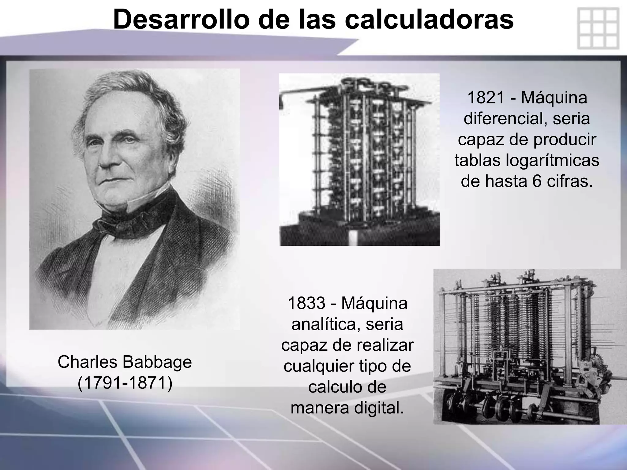 Desarrollo de las calculadoras
Charles Babbage
(1791-1871)
1833 - Máquina
analítica, seria
capaz de realizar
cualquier tipo de
calculo de
manera digital.
1821 - Máquina
diferencial, seria
capaz de producir
tablas logarítmicas
de hasta 6 cifras.
 