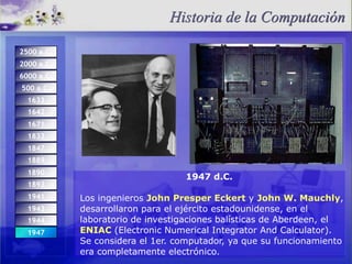Historiade la Computación2500 a.C.2000 a.C.6000 a.C.500 a.C.16331642167118331847188918901947 d.C.Los ingenieros John PresperEckerty John W. Mauchly, desarrollaron para el ejército estadounidense, en el laboratorio de investigaciones balísticas de Aberdeen, el ENIAC (ElectronicNumericalIntegrator And Calculator). Se considera el 1er. computador, ya que su funcionamiento era completamente electrónico.18931941194319441947