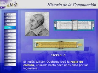 Historiade la Computación2500 a.C.2000 a.C.6000 a.C.500 a.C.1633164216711833184718891890189319411633 d. CEl inglés William Oughtred creó la regla de cálculo, utilizada hasta hace unos años por los ingenieros.194319441947
