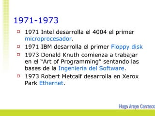 1971-1973
   1971 Intel desarrolla el 4004 el primer
    microprocesador.
   1971 IBM desarrolla el primer Floppy disk
   1973 Donald Knuth comienza a trabajar
    en el “Art of Programming” sentando las
    bases de la Ingeniería del Software.
   1973 Robert Metcalf desarrolla en Xerox
    Park Ethernet.
 