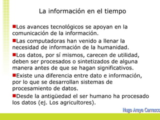 La información en el tiempo

Los avances tecnológicos se apoyan en la
comunicación de la información.
Las computadoras han venido a llenar la
necesidad de información de la humanidad.
Los datos, por sí mismos, carecen de utilidad,
deben ser procesados o sintetizados de alguna
manera antes de que se hagan significativos.
Existe una diferencia entre dato e información,
por lo que se desarrollan sistemas de
procesamiento de datos.
Desde la antigüedad el ser humano ha procesado
los datos (ej. Los agricultores).
 