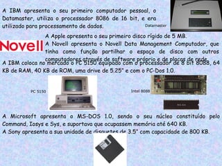 A IBM apresenta o seu primeiro computador pessoal, o Datamaster, utiliza o processador 8086 de 16 bit, e era utilizado para processamento de dados. A Apple apresenta o seu primeiro disco rígido de 5 MB. A Novell apresenta o Novell Data Management Computador, que tinha como função partilhar o espaço de disco com outros computadores através de software próprio e de placas de rede. Datamaster A IBM coloca no mercado o PC 5150 equipado com o processador de 8 bit 8088, 64 KB de RAM, 40 KB de ROM, uma drive de 5.25” e com o PC-Dos 1.0. PC 5150 Intel 8088 A Microsoft apresenta o MS-DOS 1.0, sendo o seu núcleo constituído pelo Command, Iosys e Sys, e suportava que ocupassem memória até 640 KB. A Sony apresenta a sua unidade de disquetes de 3.5” com capacidade de 800 KB.  