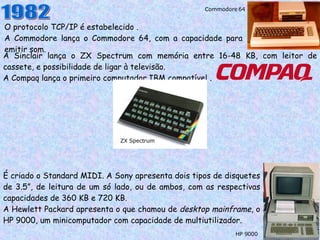 O protocolo TCP/IP é estabelecido . A Commodore lança o Commodore 64, com a capacidade para emitir som. 1982 Commodore 64 A Sinclair lança o ZX Spectrum com memória entre 16-48 KB, com leitor de cassete, e possibilidade de ligar à televisão. A Compaq lança o primeiro computador IBM compatível . É criado o Standard MIDI. A Sony apresenta dois tipos de disquetes de 3.5”, de leitura de um só lado, ou de ambos, com as respectivas capacidades de 360 KB e 720 KB. A Hewlett Packard apresenta o que chamou de  desktop mainframe , o HP 9000, um minicomputador com capacidade de multiutilizador. HP 9000 ZX Spectrum 