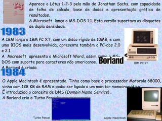 Aparece o Lótus 1-2-3 pela mão de Jonathan Sachs, com capacidade de folha de cálculo, base de dados e apresentação gráfica de resultados. A Microsoft  lança o MS-DOS 1.1. Esta versão suportava as disquetes de dupla densidade. 1983 A IBM lança o IBM PC XT, com um disco rígido de 10MB, e com uma BIOS mais desenvolvida, apresenta também o PC-dos 2.0 e 2.1.  A  Microsoft  apresenta o Microsoft Word, assim como o MS-DOS com suporte para caracteres não americanos. A Borland é criada.  IBM PC XT 1984 O Apple Macintosh é apresentado. Tinha como base o processador Motorola 68000, vinha com 128 KB de RAM e podia ser ligado a um monitor monocromático. É introduzido o conceito de DNS ( Domain Name Service ) . A Borland cria o Turbo Pascal. Turbo Pascal Apple Macintosh 