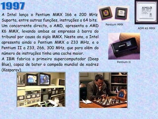 A Intel lança o Pentium MMX 166 e 200 MHz. Suporta, entre outras funções, instruções a 64 bits. Um concorrente directo, a AMD, apresenta o AMD K6 MMX, levando ambas as empresas à barra do tribunal por causa da sigla MMX. Neste ano, a Intel apresenta ainda o Pentium MMX a 233 MHz, e o Pentium II a 233, 266, 300 MHz, que para além do número de instruções tinha uma cache maior. A IBM fabrica o primeiro supercomputador (Deep Blue), capaz de bater o campeão mundial de xadrez (Kasparov). 1997 Pentium MMX ADM K6 MMX Pentium II 