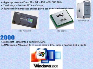 A Apple apresenta o PowerMac G4 a 400, 450, 500 MHz. A Intel lança o Pentium III e o Celeron. O  Bug  do milénio preocupa grande parte dos países industrializados. Intel Pentium III Intel Celeron PowerMac G4 2000 A Microsoft  apresenta o Windows 2000. A AMD lança o Athlon a 1 GHz, assim como a Intel lança o Pentium III a 1 GHz. 