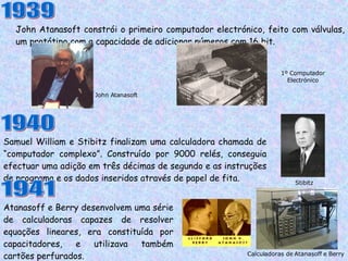 John Atanasoft constrói o primeiro computador electrónico, feito com válvulas, um protótipo com a capacidade de adicionar números com 16 bit. Samuel William e Stibitz finalizam uma calculadora chamada de “computador complexo”. Construído por 9000 relés, conseguia efectuar uma adição em três décimas de segundo e as instruções de programa e os dados inseridos através de papel de fita. 1939 John Atanasoft 1º Computador Electrónico 1940 Stibitz 1941 Atanasoff e Berry desenvolvem uma série de calculadoras capazes de resolver equações lineares, era constituída por capacitadores, e utilizava também cartões perfurados.  Calculadoras de Atanasoff e Berry 