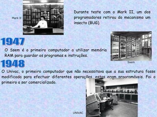 Durante teste com o Mark II, um dos programadores retirou do mecanismo um insecto (BUG). Mark II O Ssem é o primeiro computador a utilizar memória RAM para guardar os programas e instruções. 1947 Ssem O Univac, o primeiro computador que não necessitava que a sua estrutura fosse modificada para efectuar diferentes operações, estas eram programáveis. Foi o primeiro a ser comercializado. 1948 UNIVAC 