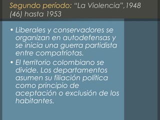 Segundo período: “La Violencia”,1948
(46) hasta 1953
• Liberales y conservadores se
organizan en autodefensas y
se inicia una guerra partidista
entre compatriotas.
• El territorio colombiano se
divide. Los departamentos
asumen su filiación política
como principio de
aceptación o exclusión de los
habitantes.
 