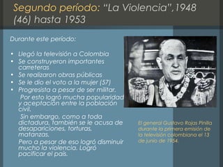 Segundo período: “La Violencia”,1948
(46) hasta 1953
Durante este período:
• Llegó la televisión a Colombia
• Se construyeron importantes
carreteras
• Se realizaron obras públicas
• Se le dio el voto a la mujer (57)
• Progresista a pesar de ser militar.
Por esto logró mucha popularidad
y aceptación entre la población
civil.
Sin embargo, como a toda
dictadura, también se le acusa de
desapariciones, torturas,
matanzas.
Pero a pesar de eso logró disminuir
mucho la violencia. Logró
pacificar el país.
El general Gustavo Rojas Pinilla
durante la primera emisión de
la televisión colombiana el 13
de junio de 1954.
 