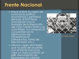 Frente Nacional
– Nace el ELN. Su razón de
lucha es la política
económica y petrolera
del país. El ELN tiene
vinculación con la
teología de la liberación
del cura Camilo Torres y el
cura Pérez. Sus ataques se
concentran en la
destrucción de
infraestructura
(oleoductos, torres de
electricidad, etc.)
– Alfonso López Michelsen,
que no está de acuerdo
con el frente nacional,
crea un nuevo partido: el
MRL (Movimiento de
Recuperación Liberal)
Camilo Torres
 