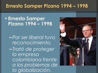 Ernesto Samper Pizano 1994 – 1998
• Ernesto Samper
Pizano 1994 – 1998
–Por ser liberal tuvo
reconocimiento.
–Trató de proteger
la empresa
colombiana frente
a los problemas de
la globalización.
 