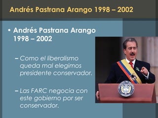 Andrés Pastrana Arango 1998 – 2002
• Andrés Pastrana Arango
1998 – 2002
– Como el liberalismo
queda mal elegimos
presidente conservador.
– Las FARC negocia con
este gobierno por ser
conservador.
 